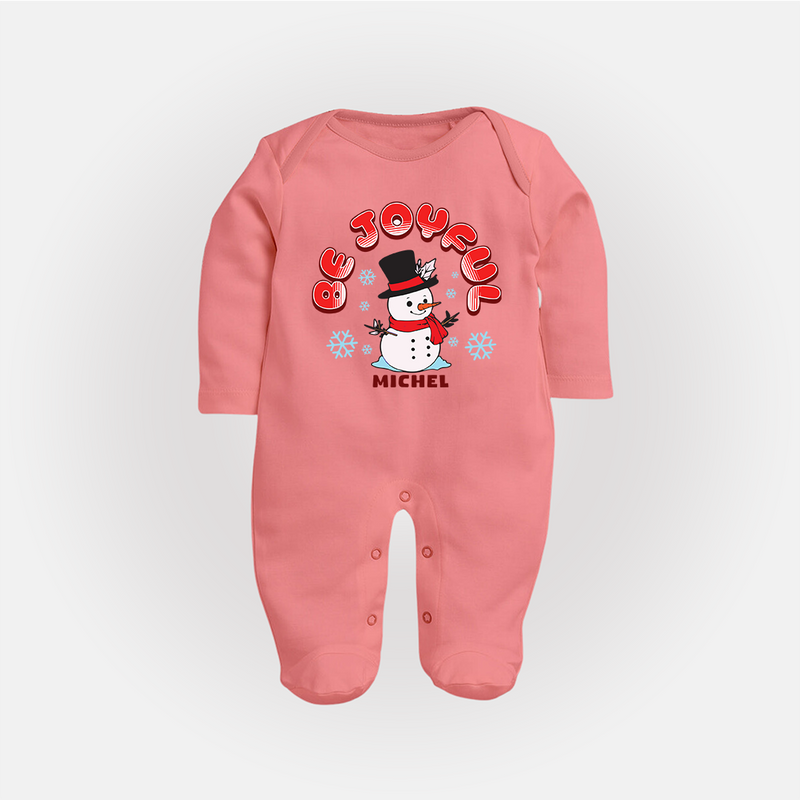 "Be Joyful" - Christmas Themed Baby Sleep Suit With Customized name - PEACH - New Born (Chest 7.5")