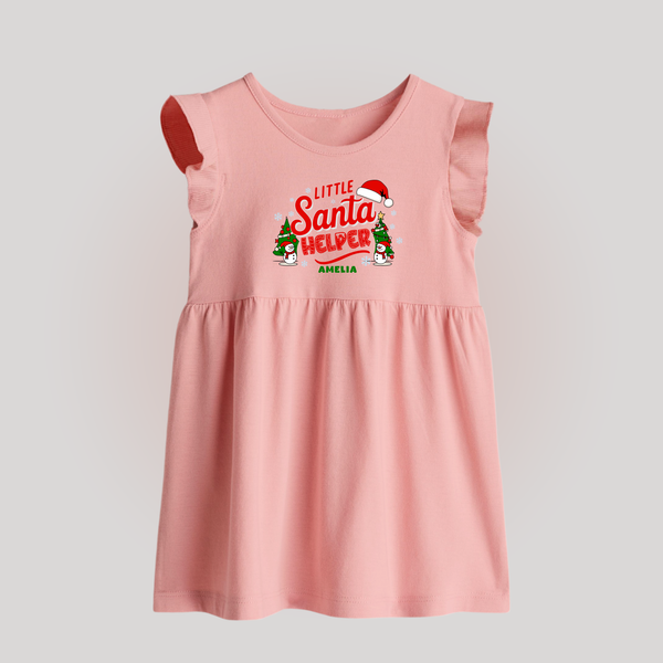 "Little Santa Helper" - Christmas Themed Baby Frock With Customized name - BABY PINK - 0 - 3 Months Old (Chest 17")