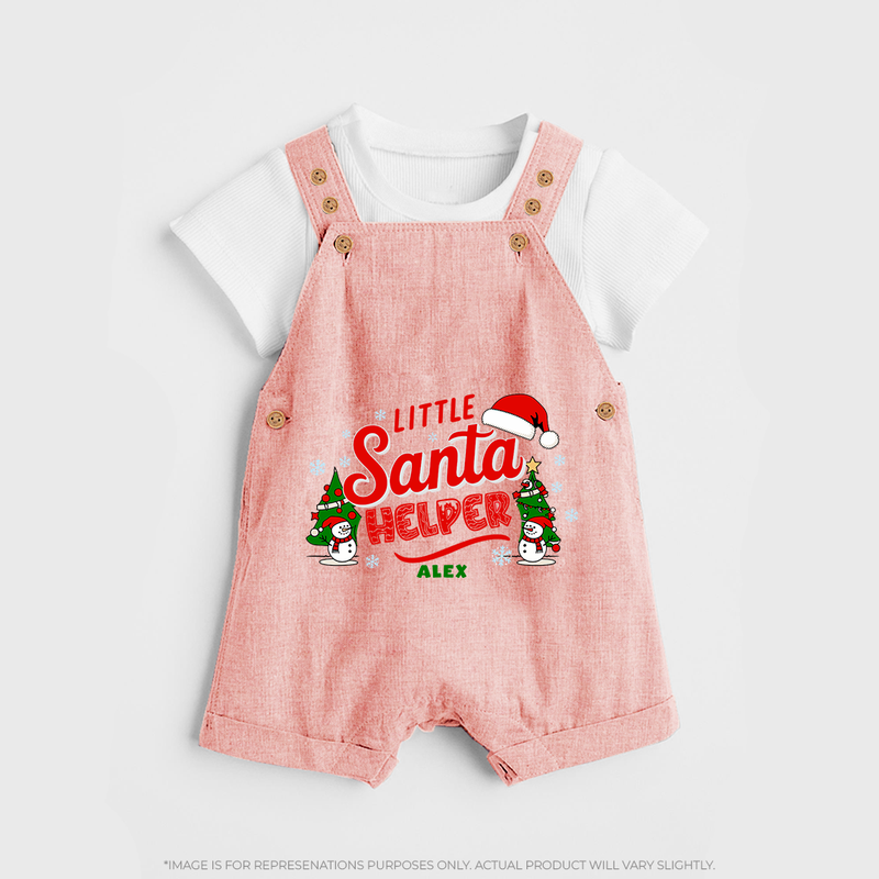 "Little Santa Helper" - Christmas Themed Kids Dungaree Set With Customized name - PEACH - 0 - 5 Months Old (Chest 18")