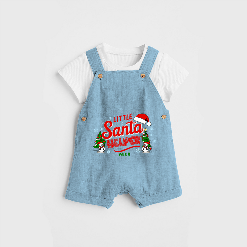 "Little Santa Helper" - Christmas Themed Kids Dungaree Set With Customized name - SKY BLUE - 0 - 5 Months Old (Chest 18")