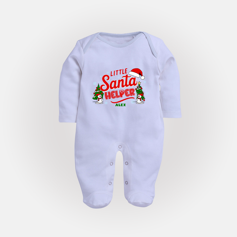 "Little Santa Helper" - Christmas Themed Baby Sleep Suit With Customized name - BABY BLUE - New Born (Chest 7.5")