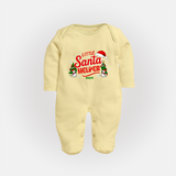 "Little Santa Helper" - Christmas Themed Baby Sleep Suit With Customized name - PASTEL YELLOW - New Born (Chest 7.5")