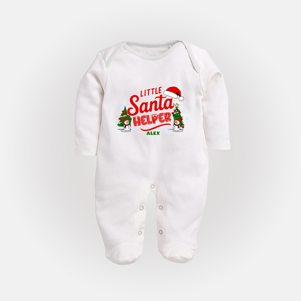 "Little Santa Helper" - Christmas Themed Baby Sleep Suit With Customized name - WHITE - New Born (Chest 7.5")