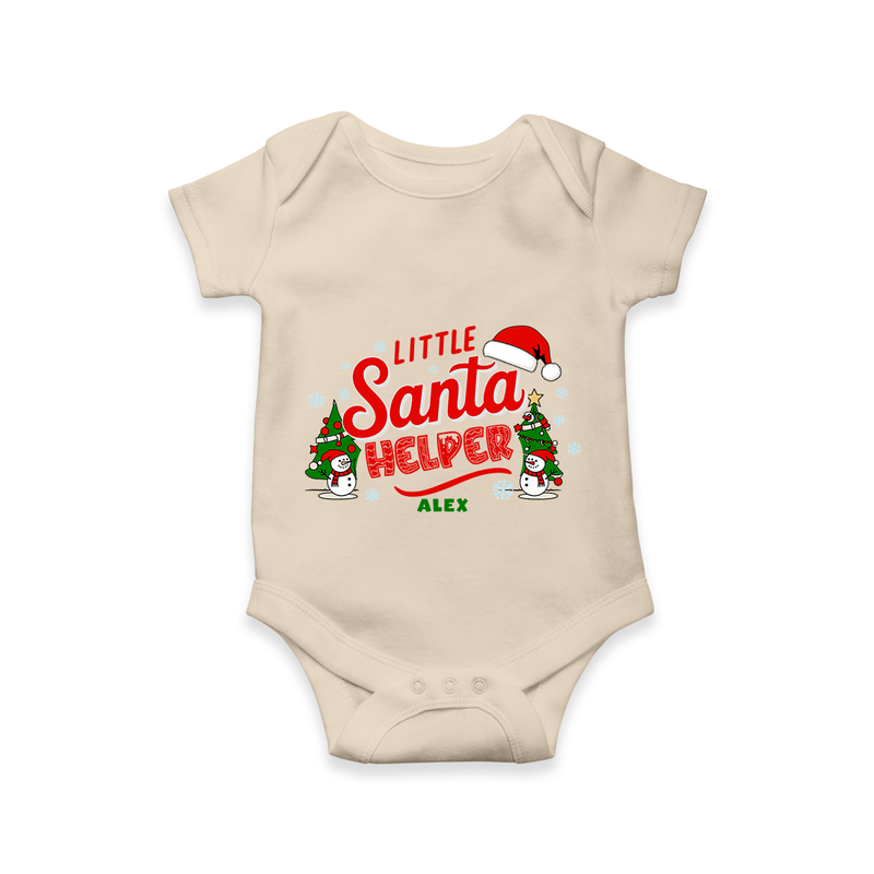 "Little Santa Helper" - Christmas Themed Kids Romper With Customized name - IVORY - 0 - 3 Months Old (Chest 16")