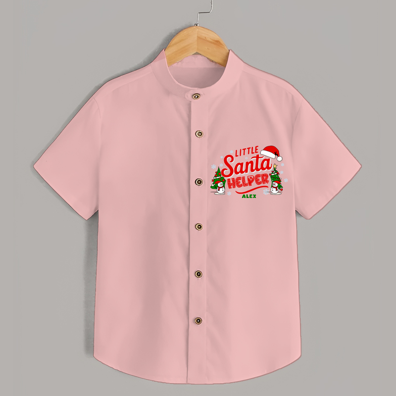 "Little Santa Helper" - Christmas Themed Kids Shirt With Customized name - PEACH - 0 - 6 Months Old (Chest 23")