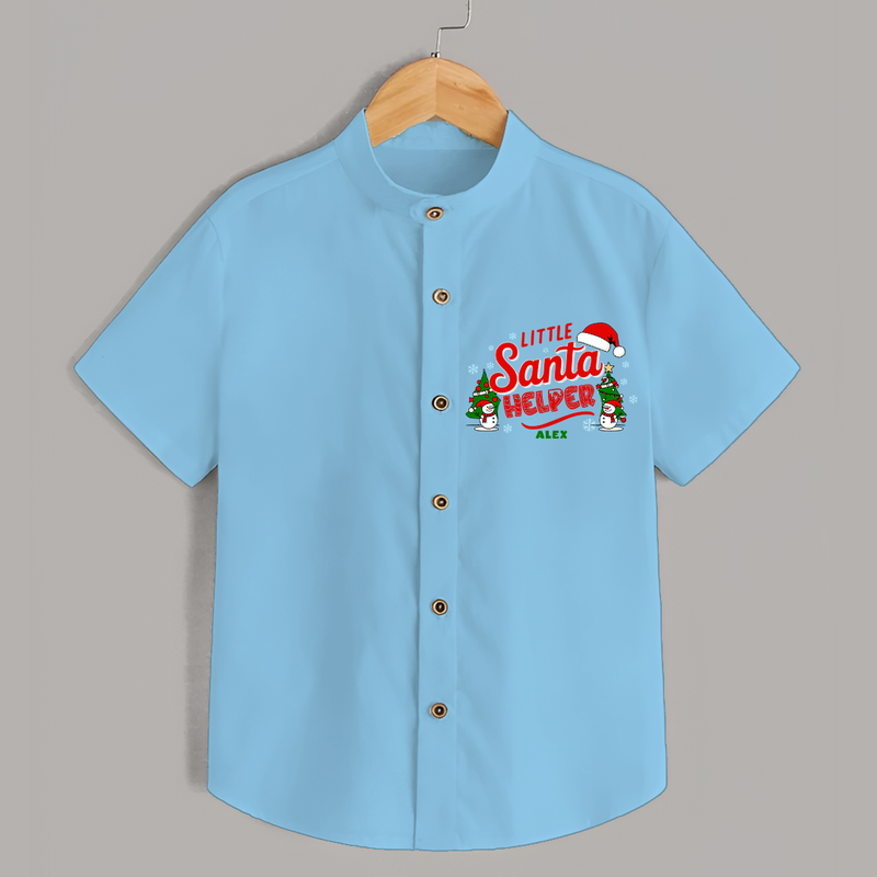 "Little Santa Helper" - Christmas Themed Kids Shirt With Customized name - SKY BLUE - 0 - 6 Months Old (Chest 23")