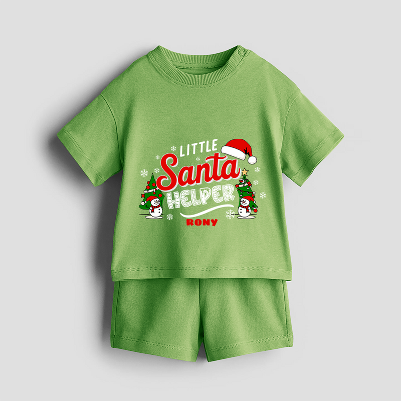 "Little Santa Helper" - Christmas Themed Kids Co-ord Set With Customized name - KIWI GREEN - 0-5 months old  (Chest 18")