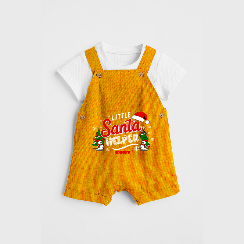 "Little Santa Helper" - Christmas Themed Kids Dungaree Set With Customized name - CHROME YELLOW - 0 - 5 Months Old (Chest 18")