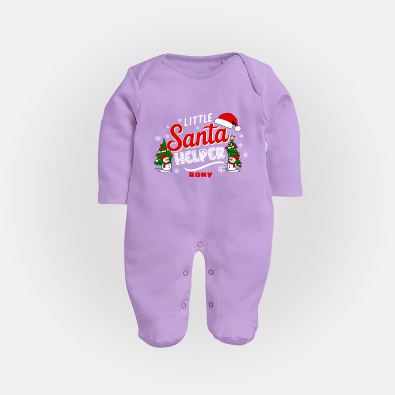 "Little Santa Helper" - Christmas Themed Baby Sleep Suit With Customized name - LILAC - New Born (Chest 7.5")