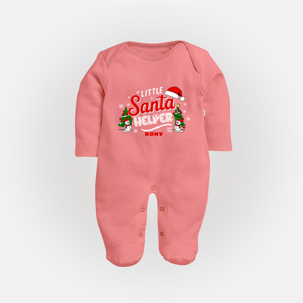 "Little Santa Helper" - Christmas Themed Baby Sleep Suit With Customized name - PEACH - New Born (Chest 7.5")