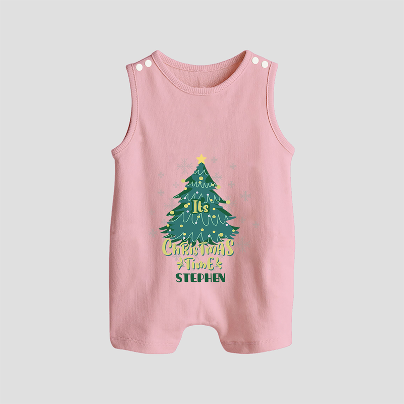 "Its Christmas Time" - Christmas Themed Button Romper With Customized name - BABY PINK - 0 - 5 Months Old (Chest 18")