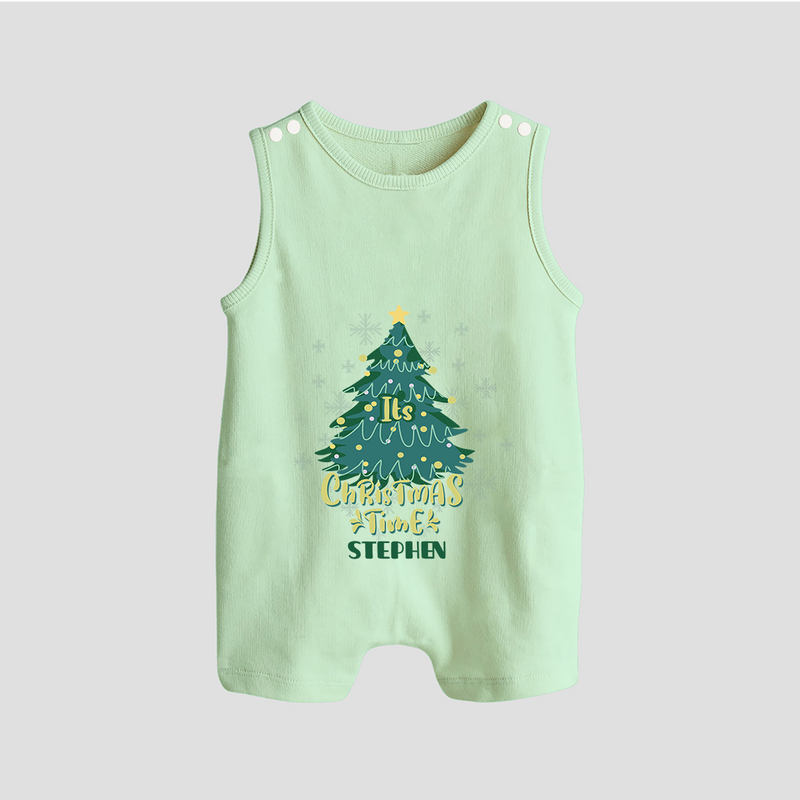 "Its Christmas Time" - Christmas Themed Button Romper With Customized name - MINT GREEN - 0 - 5 Months Old (Chest 18")