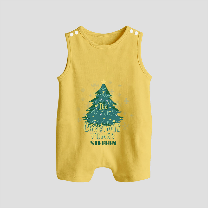 "Its Christmas Time" - Christmas Themed Button Romper With Customized name - PASTEL YELLOW - 0 - 5 Months Old (Chest 18")