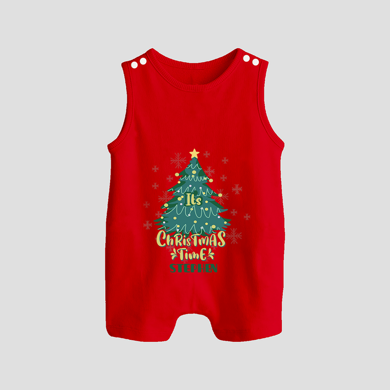 "Its Christmas Time" - Christmas Themed Button Romper With Customized name - RED - 0 - 5 Months Old (Chest 18")