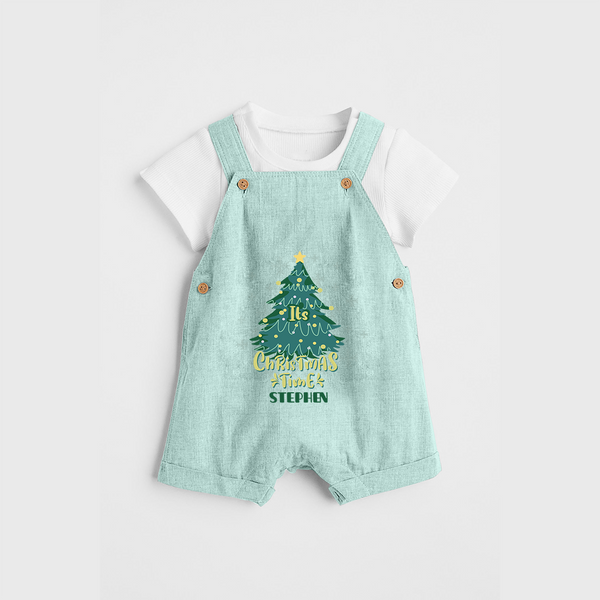 "Its Christmas Time" - Christmas Themed Kids Dungaree Set With Customized name - ARCTIC BLUE - 0 - 5 Months Old (Chest 18")