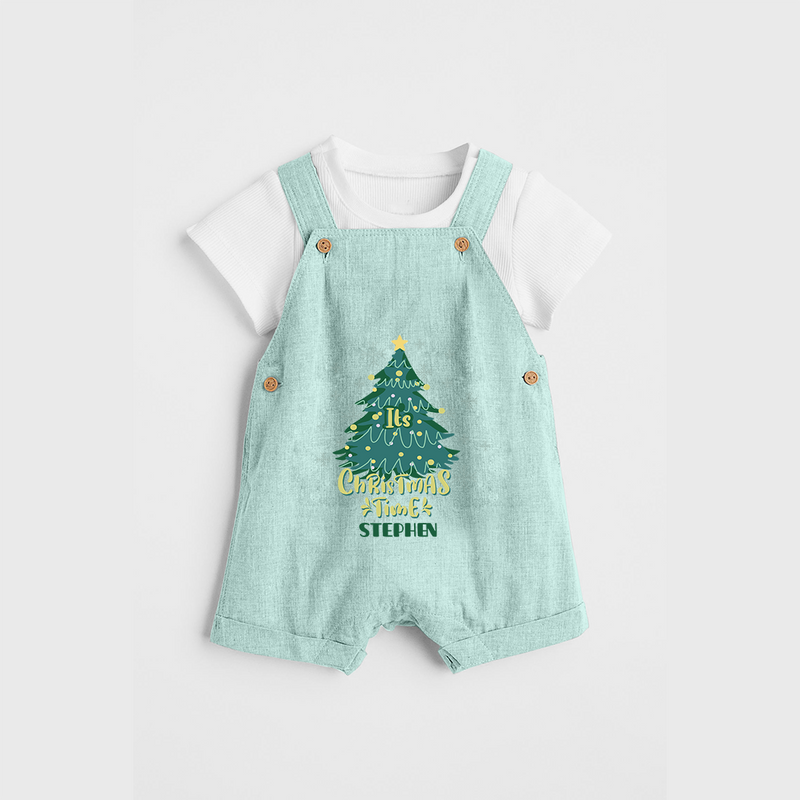 "Its Christmas Time" - Christmas Themed Kids Dungaree Set With Customized name - ARCTIC BLUE - 0 - 5 Months Old (Chest 18")