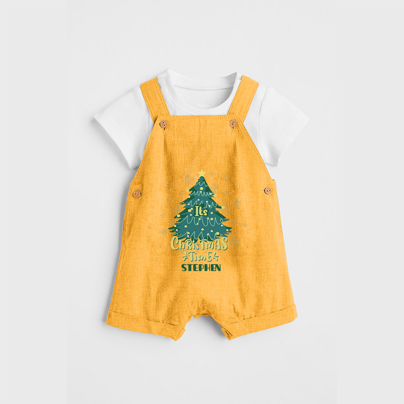 "Its Christmas Time" - Christmas Themed Kids Dungaree Set With Customized name - PASTEL YELLOW - 0 - 5 Months Old (Chest 18")