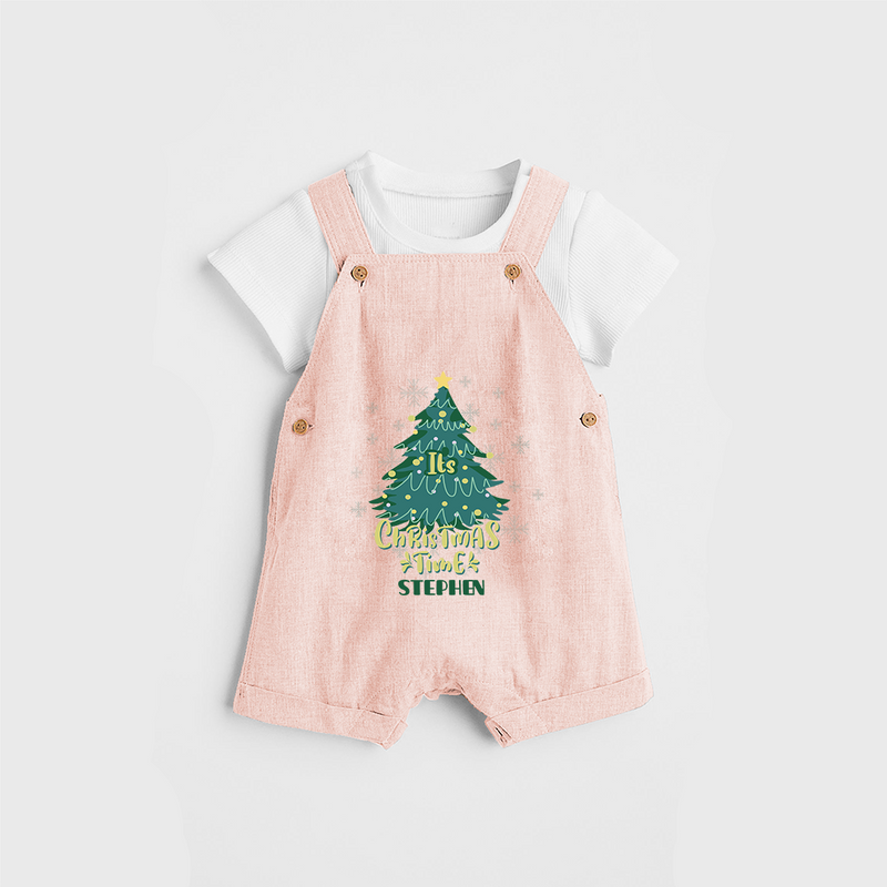 "Its Christmas Time" - Christmas Themed Kids Dungaree Set With Customized name - PEACH - 0 - 5 Months Old (Chest 18")