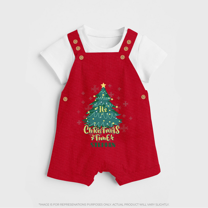 "Its Christmas Time" - Christmas Themed Kids Dungaree Set With Customized name - RED - 0 - 5 Months Old (Chest 18")