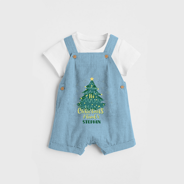 "Its Christmas Time" - Christmas Themed Kids Dungaree Set With Customized name - SKY BLUE - 0 - 5 Months Old (Chest 18")