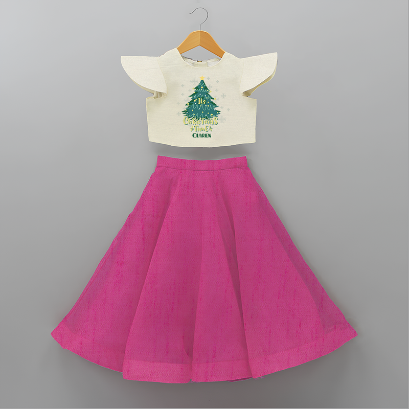 "Its Christmas Time" - Christmas Themed Kids Crop Top And Skirt With Customized name - FUSCHIA - 6 - 9 Months Old (Chest 20" , Frock Waist 20")