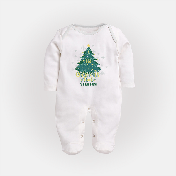 "Its Christmas Time" - Christmas Themed Baby Sleep Suit With Customized name - WHITE - New Born (Chest 7.5")