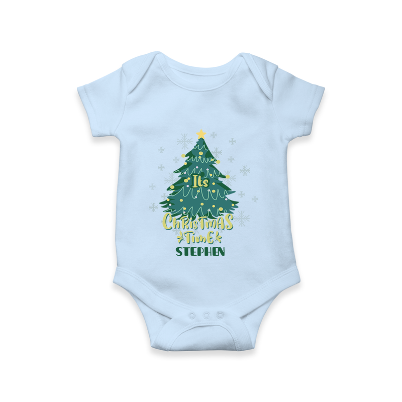 "Its Christmas Time" - Christmas Themed Kids Romper With Customized name - BABY BLUE - 0 - 3 Months Old (Chest 16")