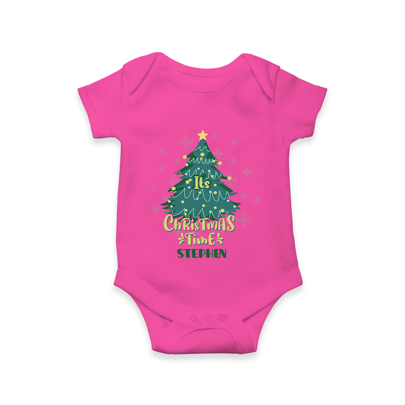 "Its Christmas Time" - Christmas Themed Kids Romper With Customized name - HOT PINK - 0 - 3 Months Old (Chest 16")