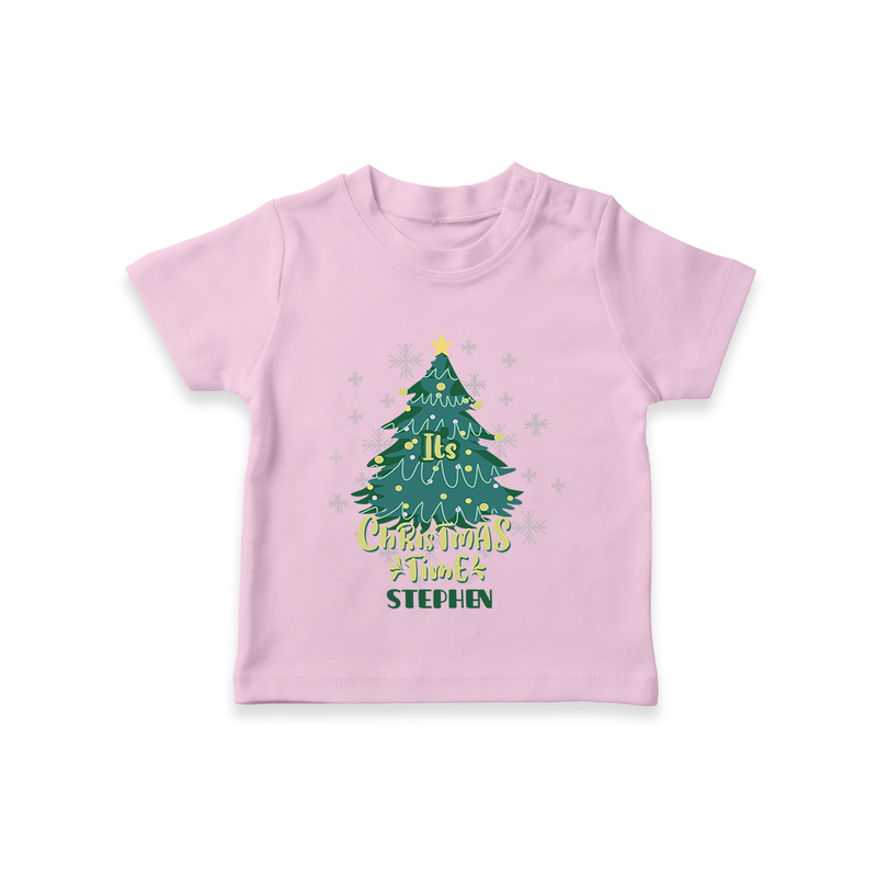 "Its Christmas Time" - Christmas Themed Kids T-Shirt With Customized name - PINK - 0-5 Months Old (Chest 17")