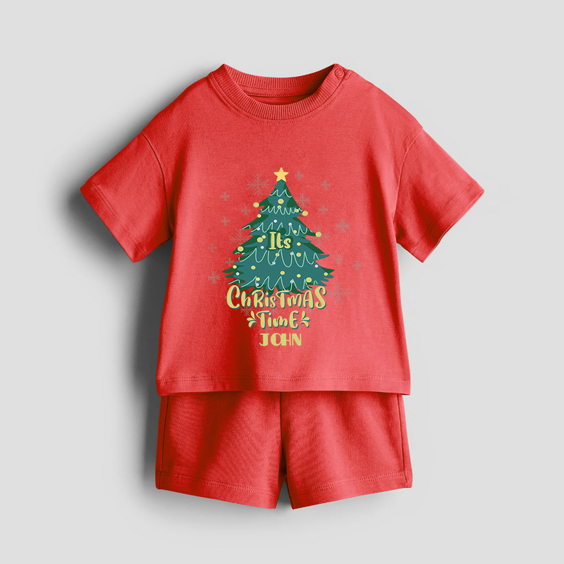 "Its Christmas Time" - Christmas Themed Kids Co-ord Set With Customized name - RED - 0-5 months old  (Chest 18")