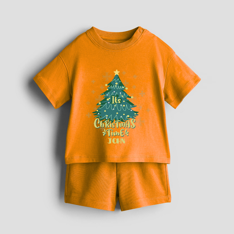 "Its Christmas Time" - Christmas Themed Kids Co-ord Set With Customized name - TANGERINE - 0-5 months old  (Chest 18")