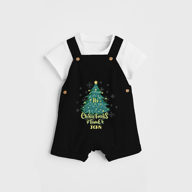 "Its Christmas Time" - Christmas Themed Kids Dungaree Set With Customized name - BLACK - 0 - 5 Months Old (Chest 18")