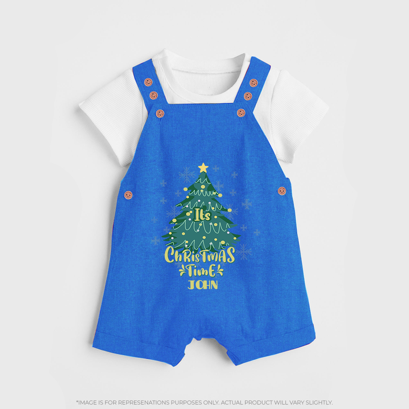 "Its Christmas Time" - Christmas Themed Kids Dungaree Set With Customized name - COBALT BLUE - 0 - 5 Months Old (Chest 18")