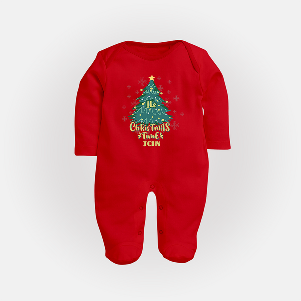 "Its Christmas Time" - Christmas Themed Baby Sleep Suit With Customized name - RED - New Born (Chest 7.5")