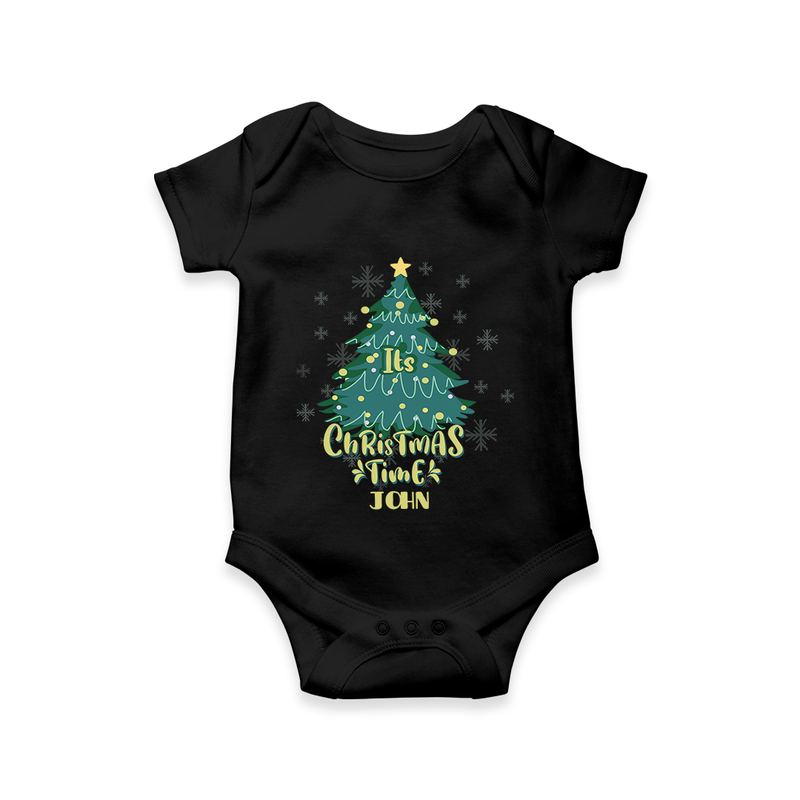 "Its Christmas Time" - Christmas Themed Kids Romper With Customized name - BLACK - 0 - 3 Months Old (Chest 16")