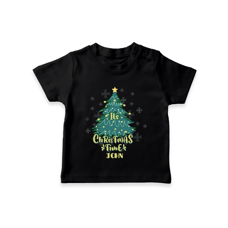 "Its Christmas Time" - Christmas Themed Kids T-Shirt With Customized name - BLACK - 0-5 Months Old (Chest 17")