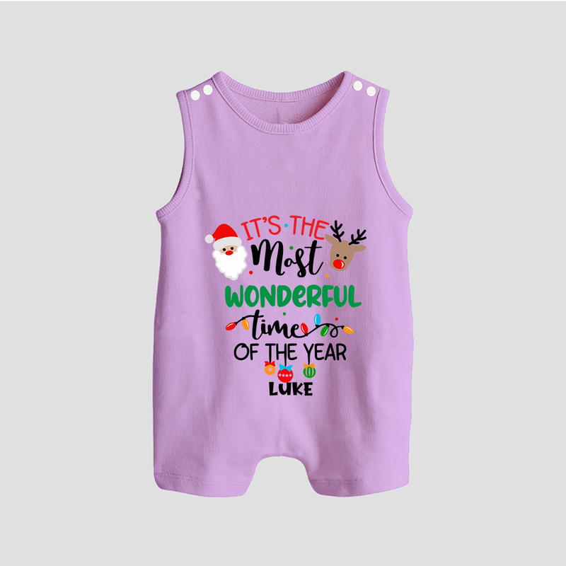 "ItÕs The Most Wonderful Time Of The Year " - Christmas Themed Button Romper With Customized name - LILAC - 0 - 5 Months Old (Chest 18")