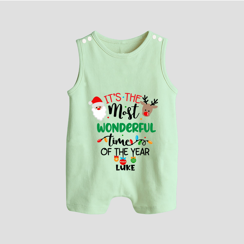 "ItÕs The Most Wonderful Time Of The Year " - Christmas Themed Button Romper With Customized name - MINT GREEN - 0 - 5 Months Old (Chest 18")