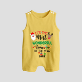 "ItÕs The Most Wonderful Time Of The Year " - Christmas Themed Button Romper With Customized name - PASTEL YELLOW - 0 - 5 Months Old (Chest 18")