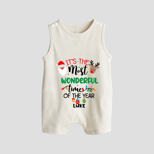 "ItÕs The Most Wonderful Time Of The Year " - Christmas Themed Button Romper With Customized name - WHITE - 0 - 5 Months Old (Chest 18")