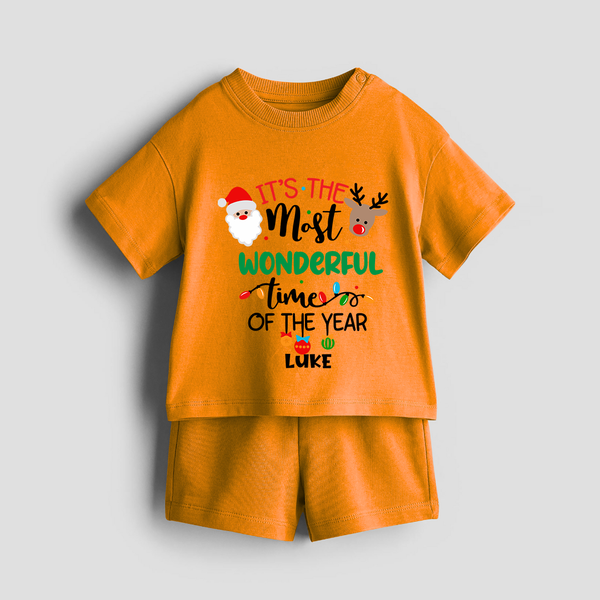 "ItÕs The Most Wonderful Time Of The Year " - Christmas Themed Kids Co-ord Set With Customized name - TANGERINE - 0-5 months old  (Chest 18")