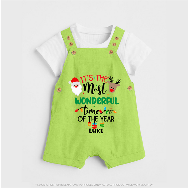 "ItÕs The Most Wonderful Time Of The Year " - Christmas Themed Kids Dungaree Set With Customized name - GREEN - 0 - 5 Months Old (Chest 18")