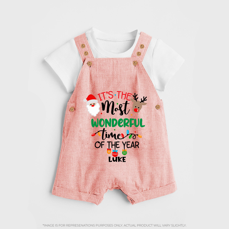 "ItÕs The Most Wonderful Time Of The Year " - Christmas Themed Kids Dungaree Set With Customized name - PEACH - 0 - 5 Months Old (Chest 18")