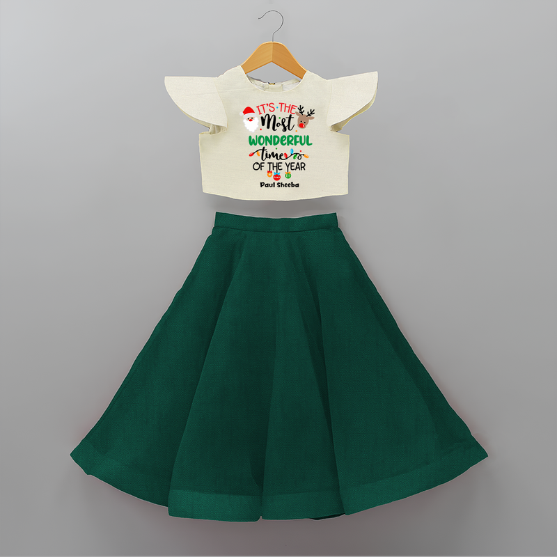 "ItÕs The Most Wonderful Time Of The Year " - Christmas Themed Kids Crop Top And Skirt With Customized name - BOTTLE GREEN - 6 - 9 Months Old (Chest 20" , Frock Waist 20")