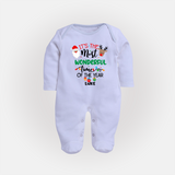 "ItÕs The Most Wonderful Time Of The Year " - Christmas Themed Baby Sleep Suit With Customized name - BABY BLUE - New Born (Chest 7.5")