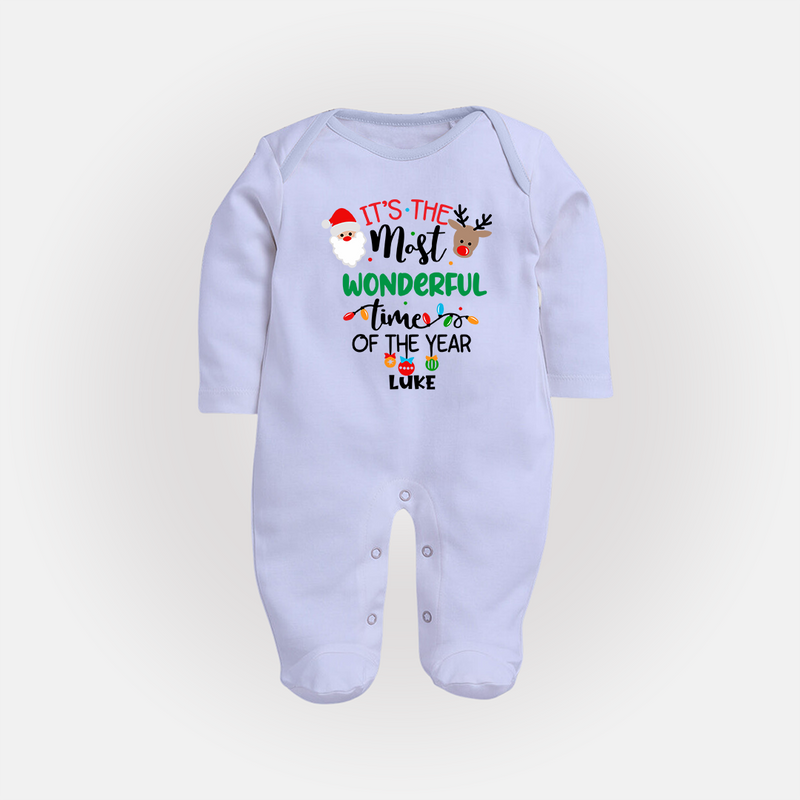 "ItÕs The Most Wonderful Time Of The Year " - Christmas Themed Baby Sleep Suit With Customized name - BABY BLUE - New Born (Chest 7.5")