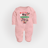 "ItÕs The Most Wonderful Time Of The Year " - Christmas Themed Baby Sleep Suit With Customized name - BABY PINK - New Born (Chest 7.5")