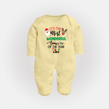 "ItÕs The Most Wonderful Time Of The Year " - Christmas Themed Baby Sleep Suit With Customized name - PASTEL YELLOW - New Born (Chest 7.5")