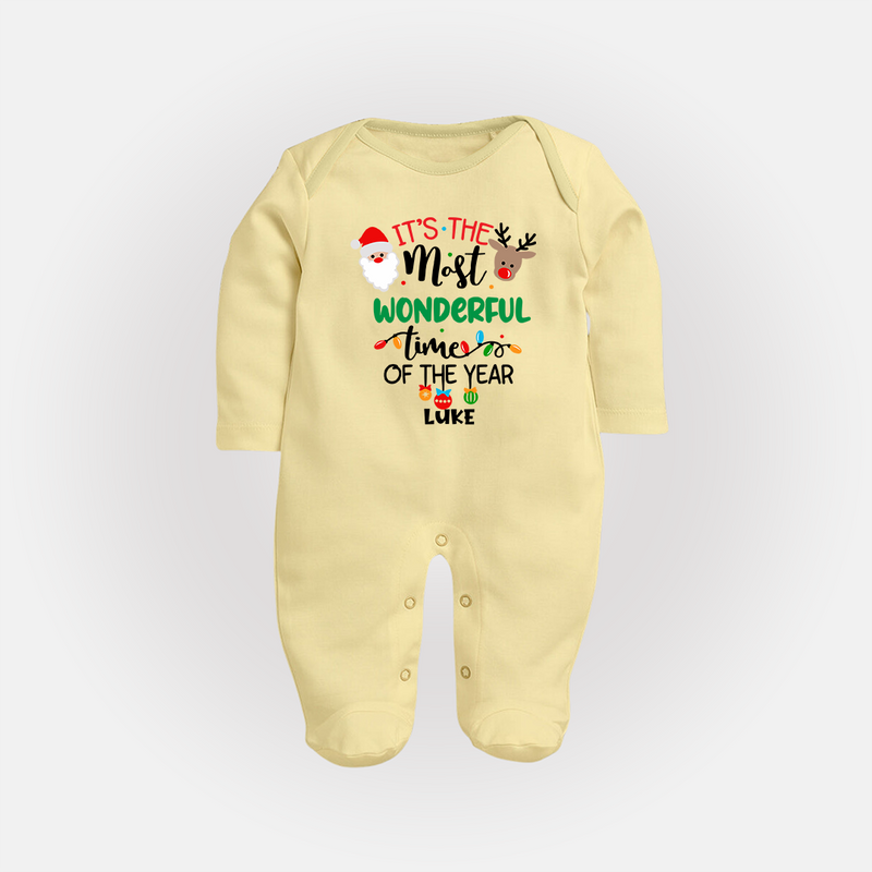 "ItÕs The Most Wonderful Time Of The Year " - Christmas Themed Baby Sleep Suit With Customized name - PASTEL YELLOW - New Born (Chest 7.5")