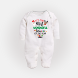 "ItÕs The Most Wonderful Time Of The Year " - Christmas Themed Baby Sleep Suit With Customized name - WHITE - New Born (Chest 7.5")